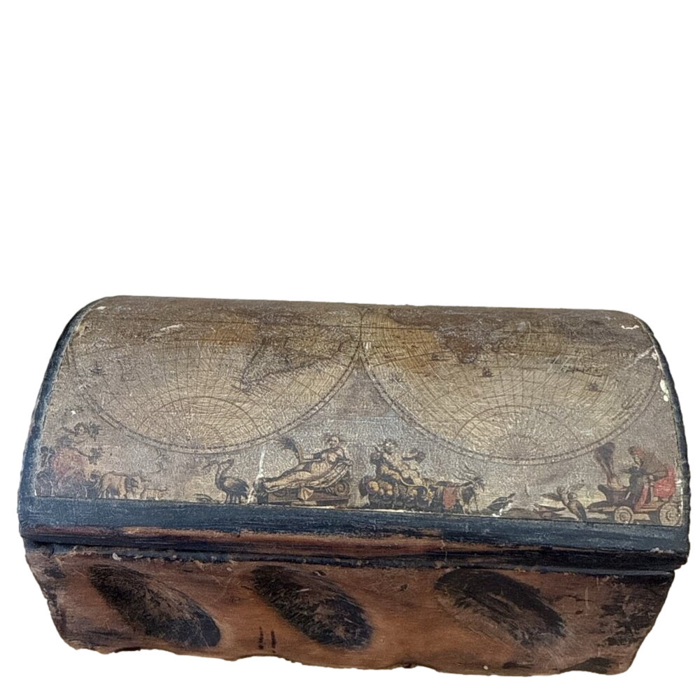 Handmade Vintage small Carved wooden box World Map Rounded Lid 6x4x3”